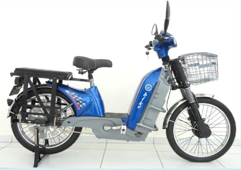 Blue electric bicycle with cargo basket and seat