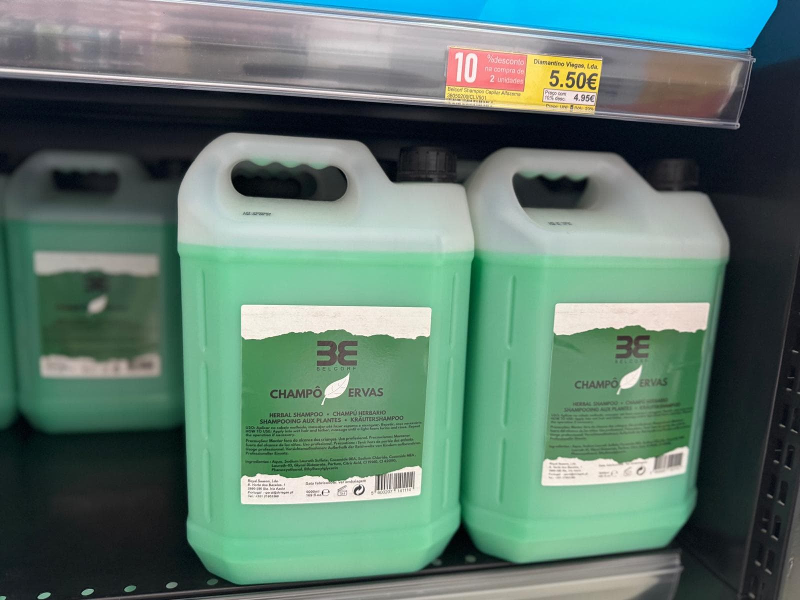 Belcorf herbal shampoo 5L jugs on shelf