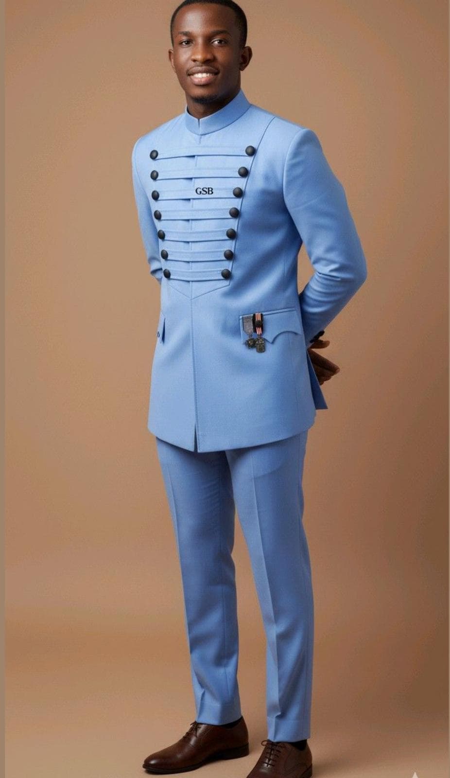 Men's powder blue military-style suit