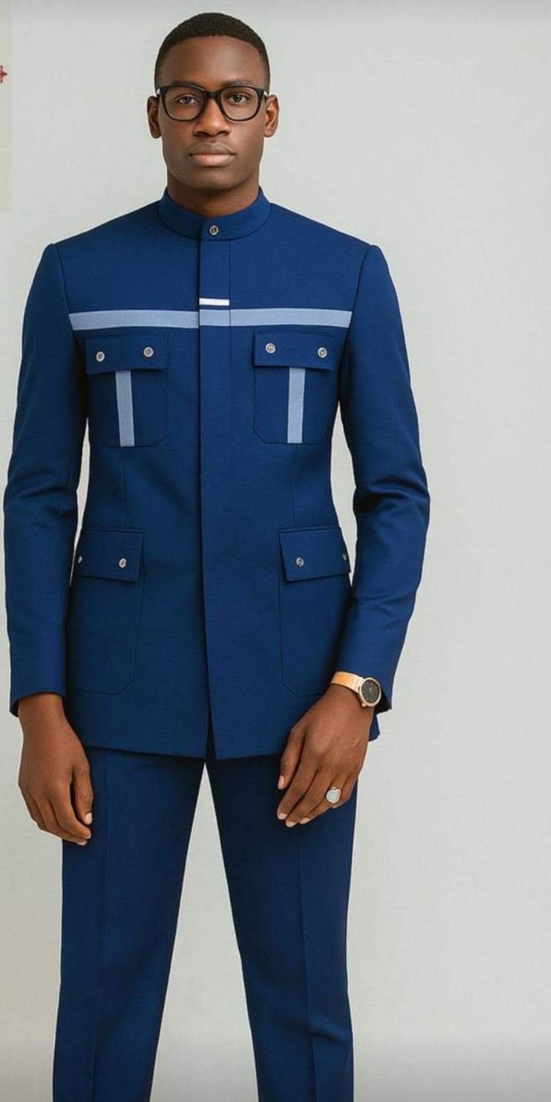 Men's navy blue mandarin collar suit