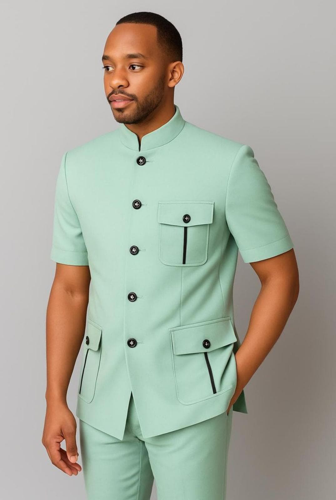 Men's mint green short-sleeve mandarin suit