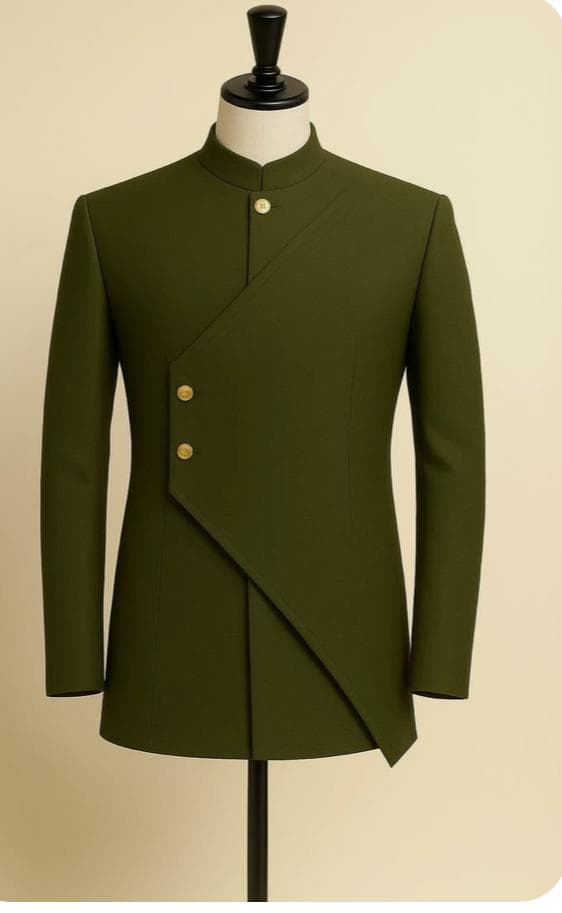 Men's olive green asymmetric blazer on mannequin